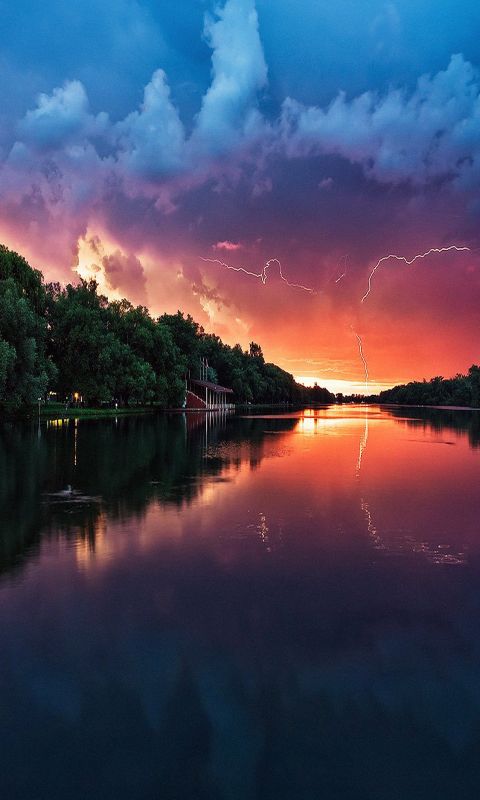 Lightening reflected lake wallpaper
