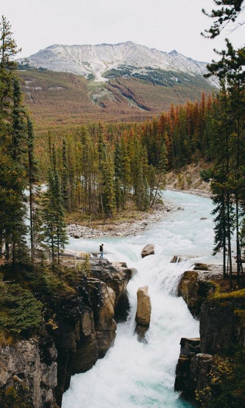 aerial photography of flowing river viewing mounta... wallpaper