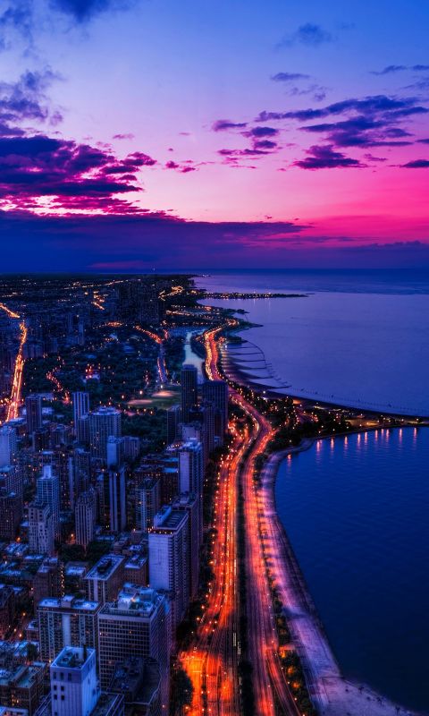 Chicago city night sky view scape ocean beach wallpaper